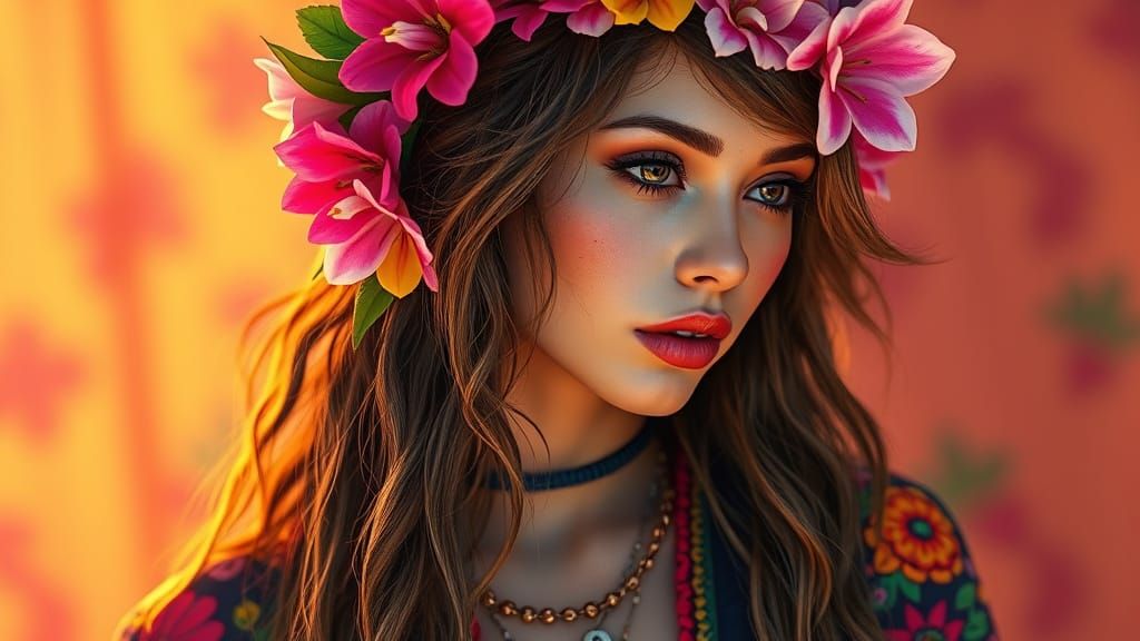 Hippie Woman with Flowers in Art Nouveau Style