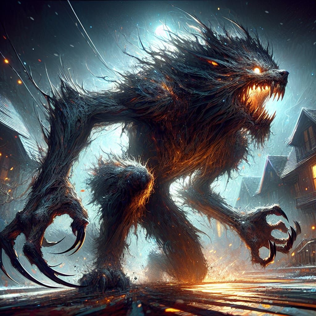 Menacing Monster Power Attack in Dimly Lit Suburbia