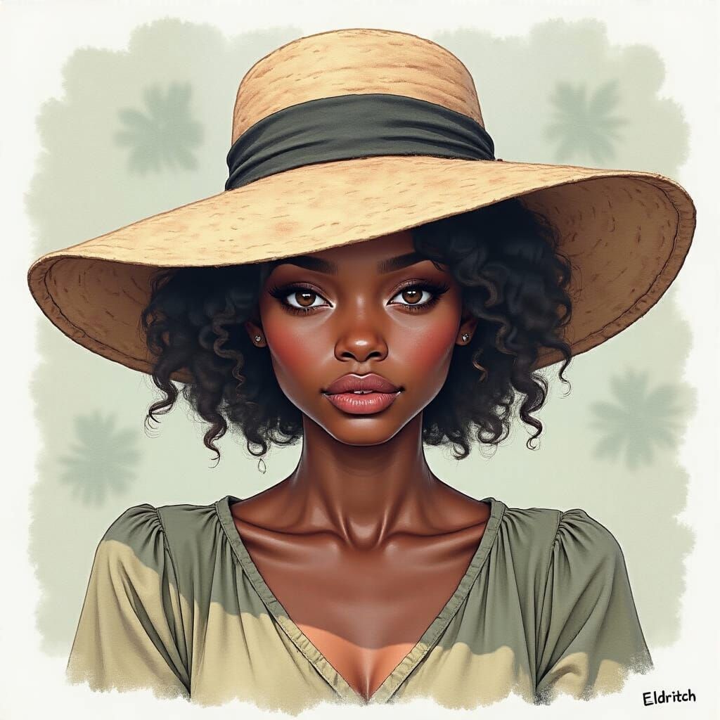 Elegant Woman in Hat, Minimalist Watercolor Style