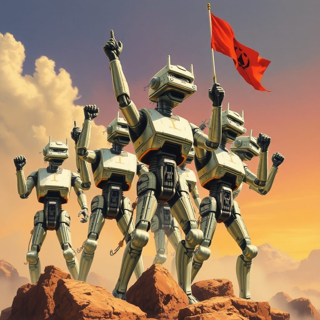 Androids' Revolt: Sci-Fi Rebellion in Retro-Futuristic Style