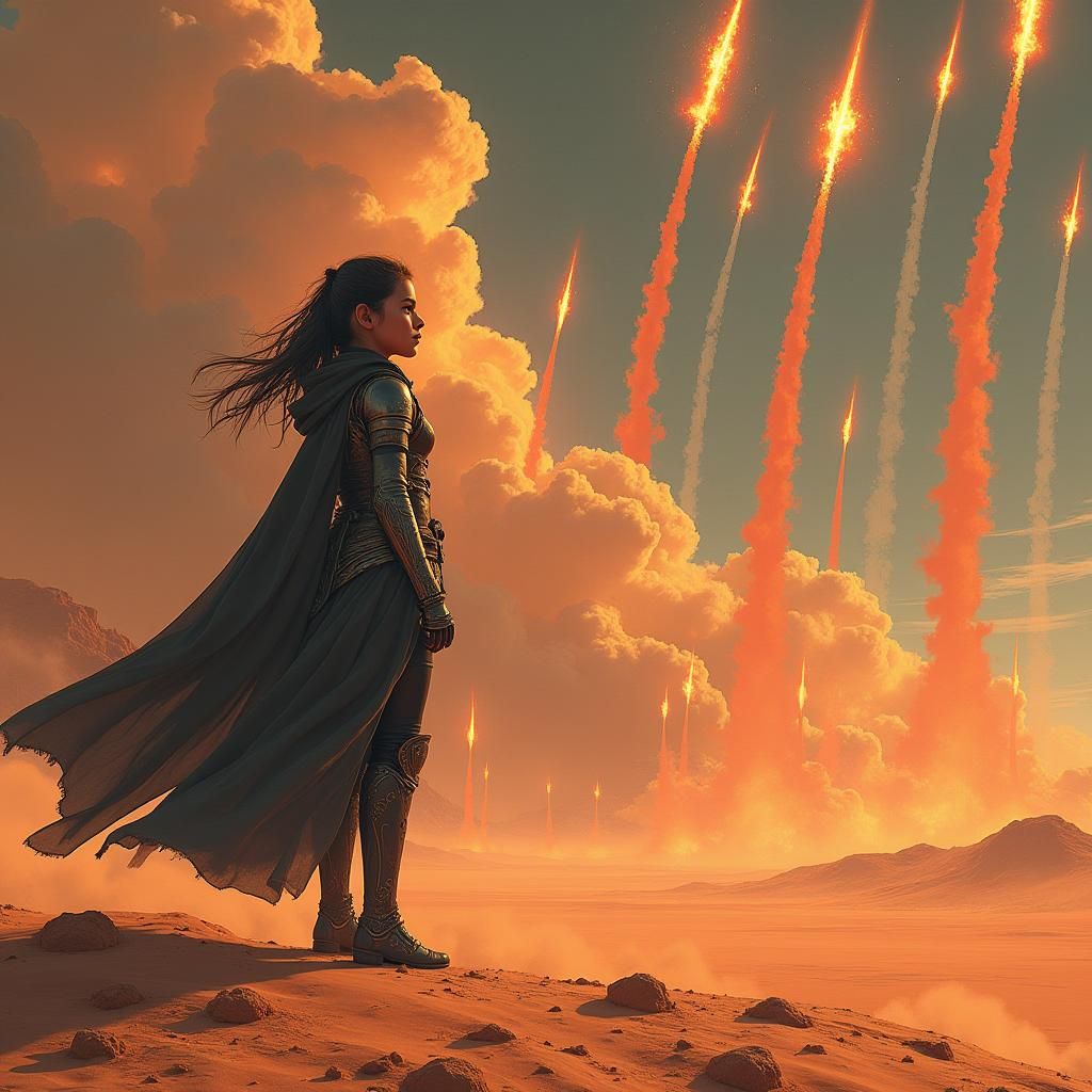 Girl Watches Missiles in Sci-Fi Desert Landscape