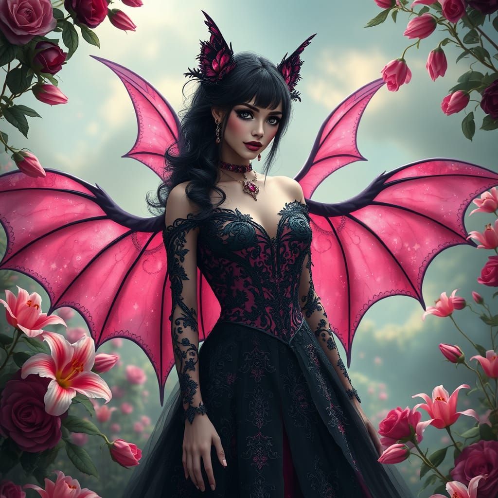 Ultra detailed, Full-picture-view, digital oil painting of female, black hair, black eyes, heavy makeup, wearing black &...