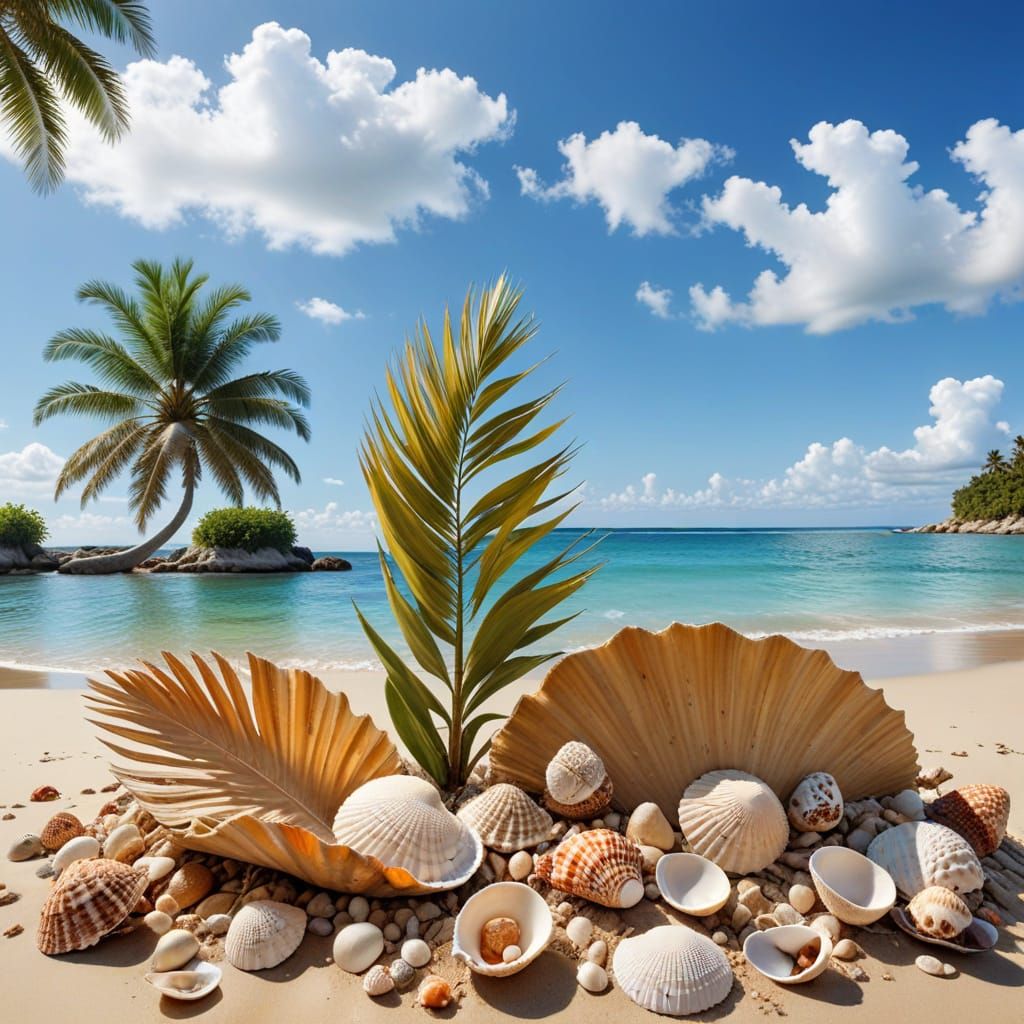 Beige Seashore with Seashells and Palm Tree