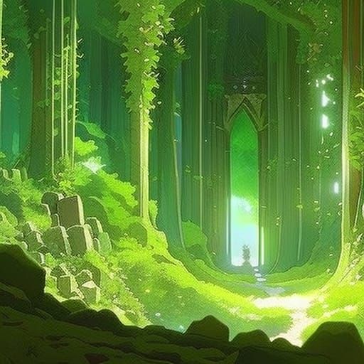 Forest Temple Interior in Ghibli Anime Style