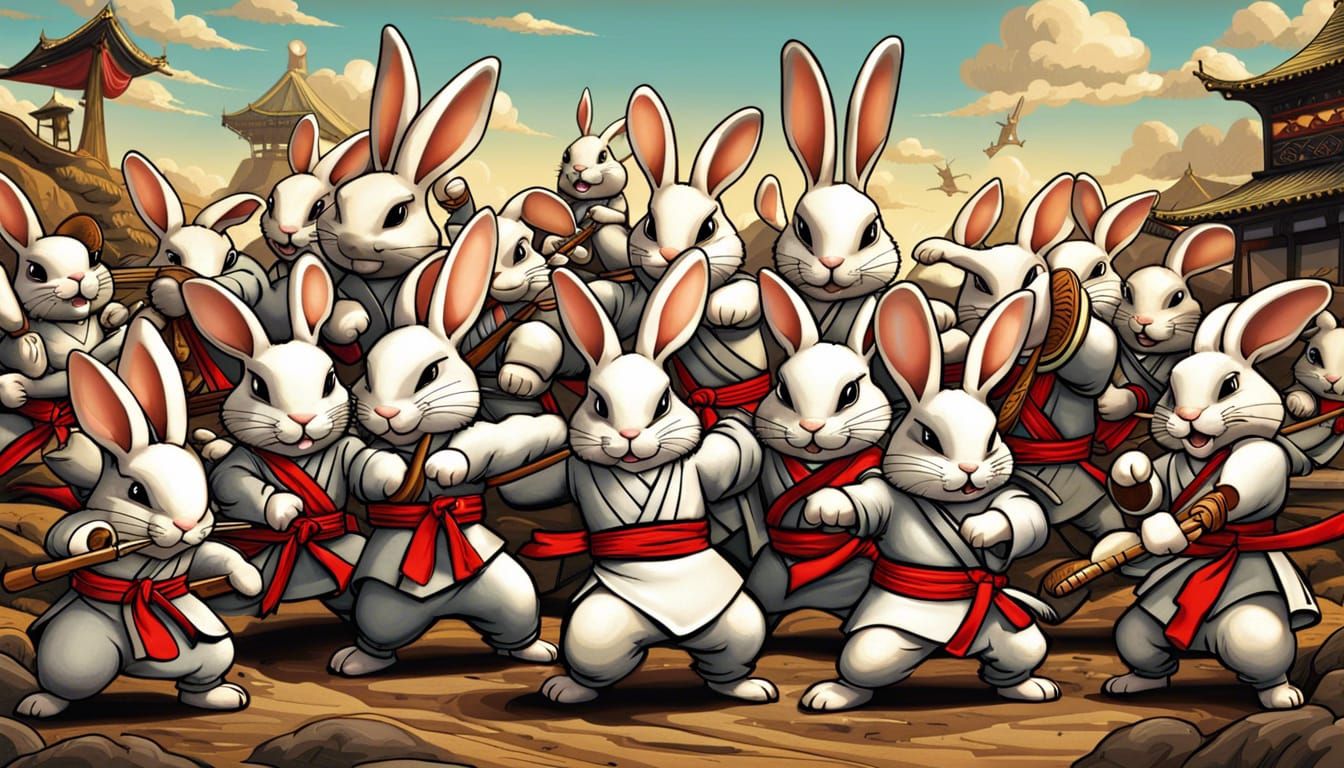 Ninja Bunnies Kung Fu Fight in Ghibli Anime Style