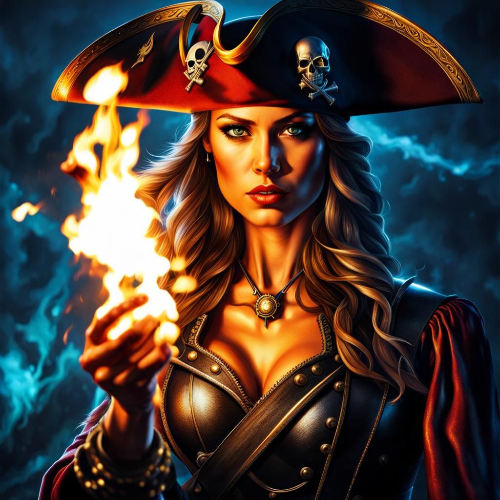 Intricately Detailed Female Pirate with Flaming Bow