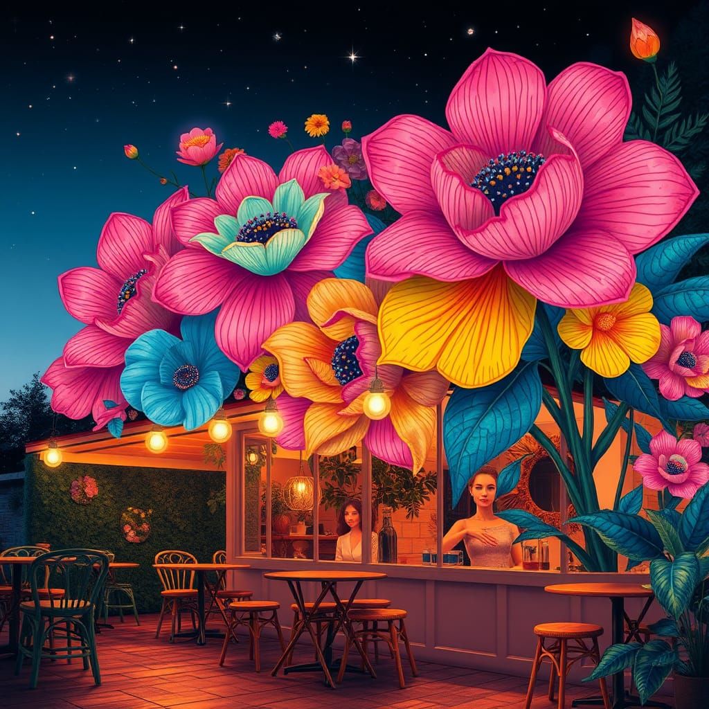 Vibrant Night Cafe with Popup Flowers