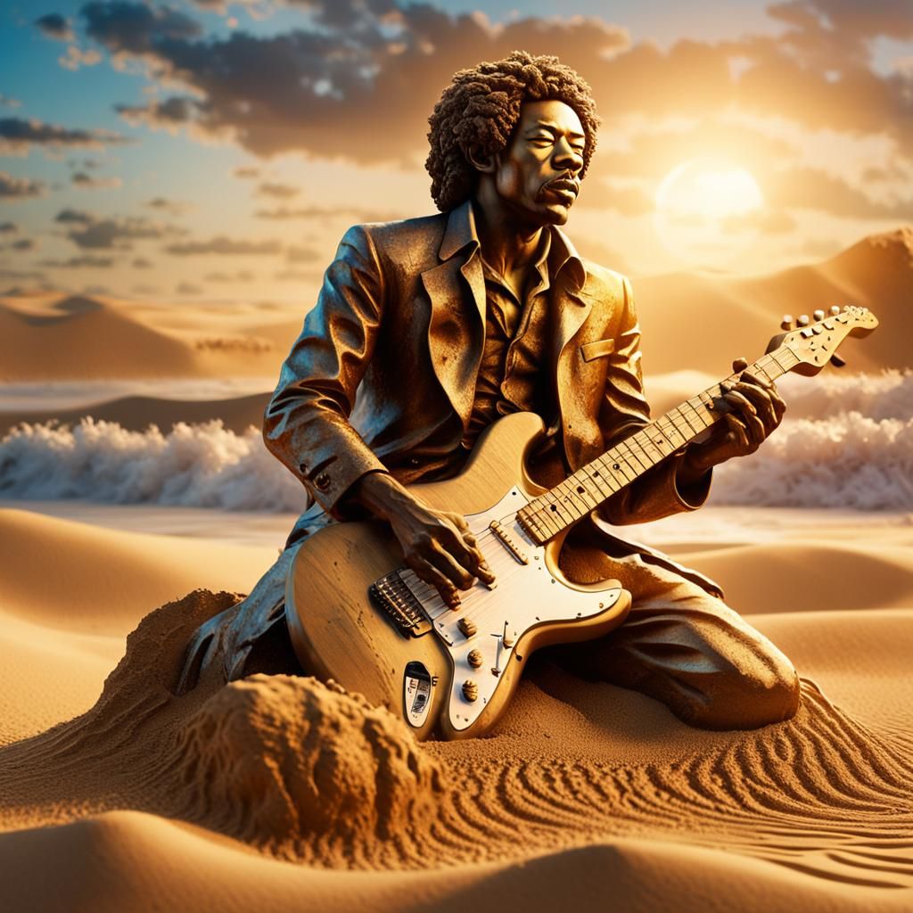 Jimi Hendrix Sand Sculpture in Splash Art Style