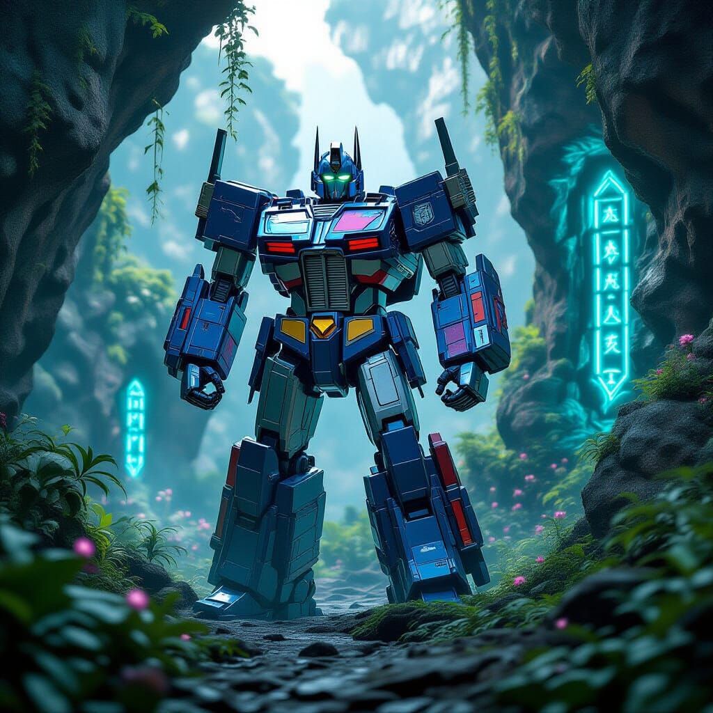 Optimus Prime Guards Bioluminescent Valley in Hyperrealism