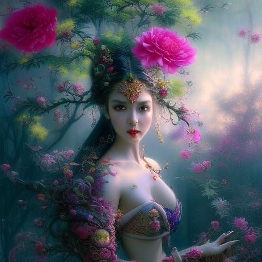 Clockpunk Bonsai Village with Kimono Woman