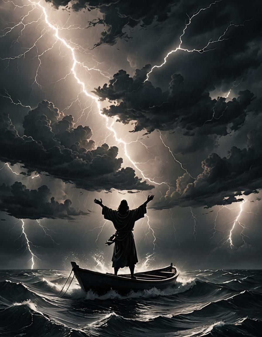 Dramatic Silhouette of a Man Calming a Storm