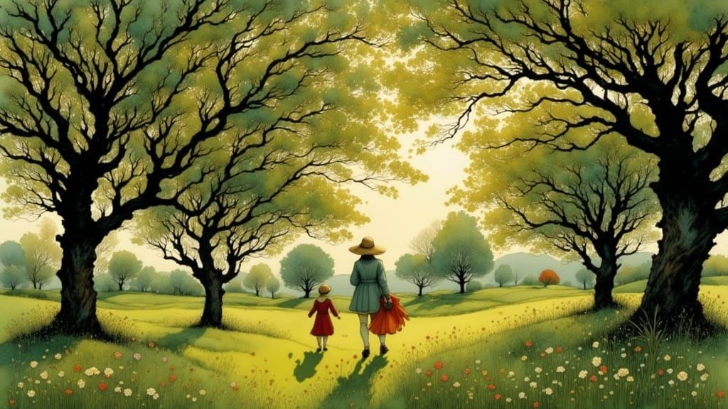 Summer Orchard Scene in Ink Splash Art Style