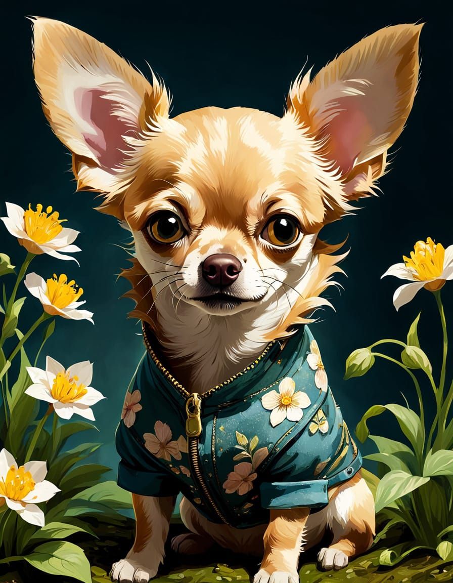 Surreal Floral Portrait of a Golden Chihuahua