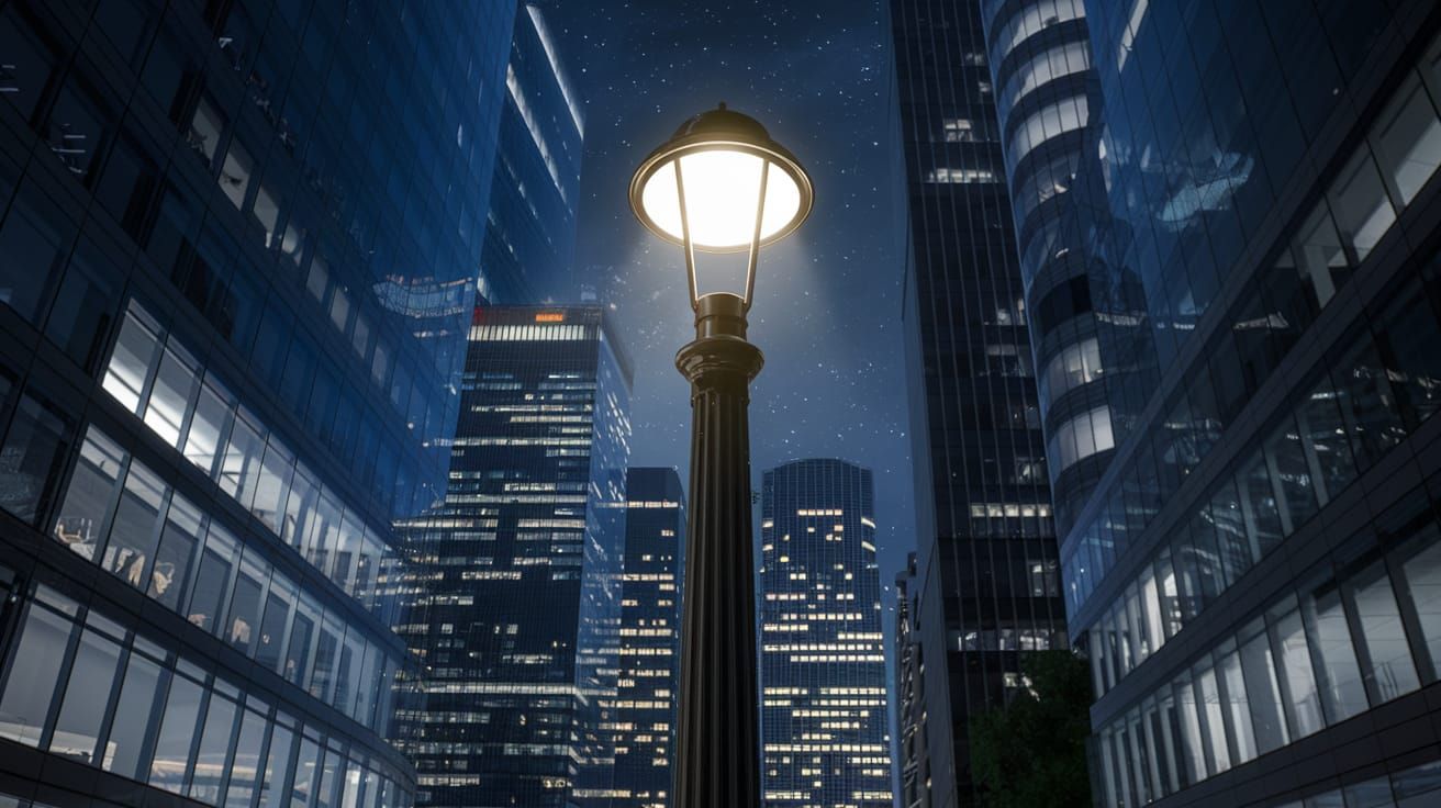 Lamppost Illuminates Skyscrapers at Night