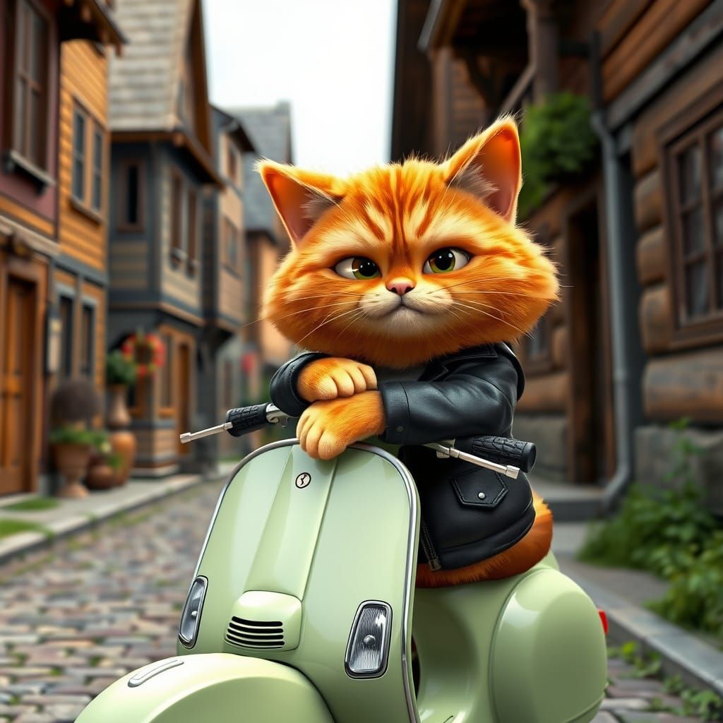 Pixar-Style Cat Cruises Past Vintage Houses