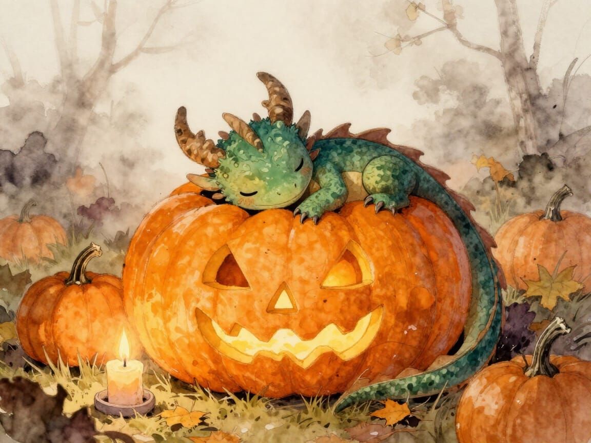 Cozy Baby Dragon Napping in a Candlelit Pumpkin