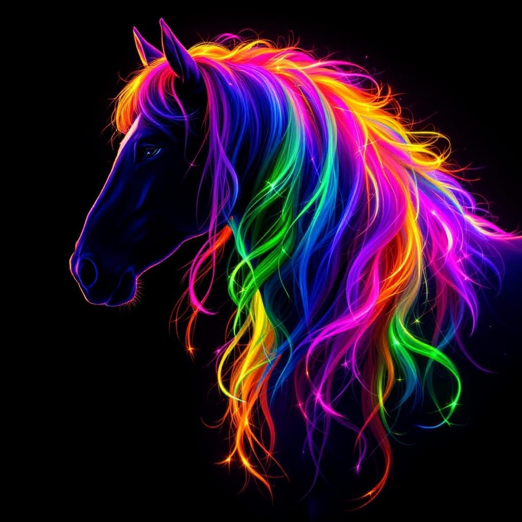 Surreal Horse Radiates Glowing Rainbow Mane under Purple Nig...
