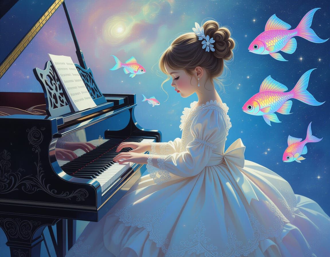 Victorian Girl Plays Piano Among Cosmic Fish