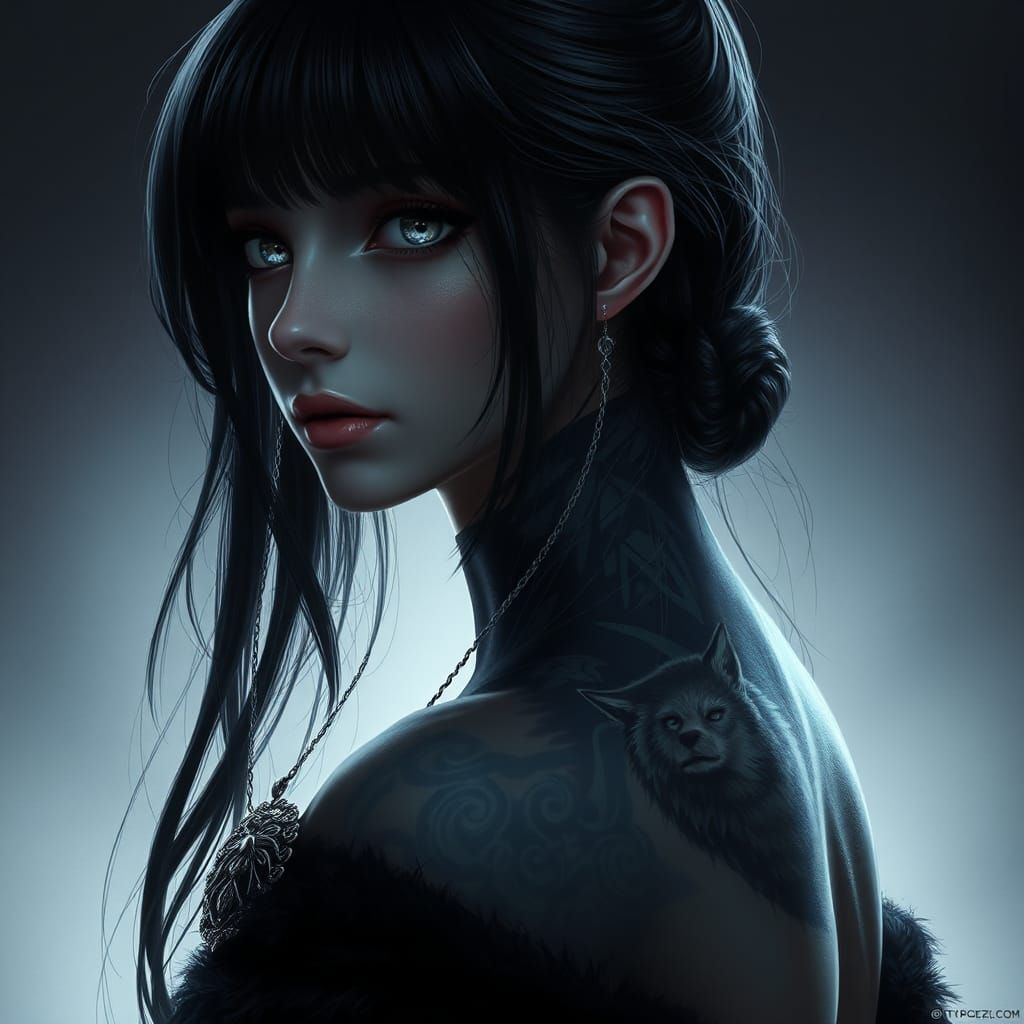 Mysterious Girl with Wolf Tattoo in Dark Fantasy Style
