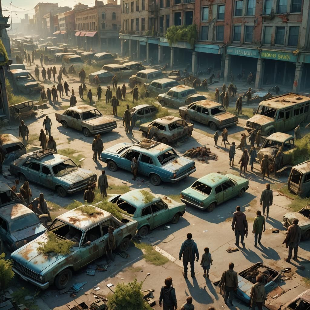 Friendly Zombies in Post-Apocalyptic City Square