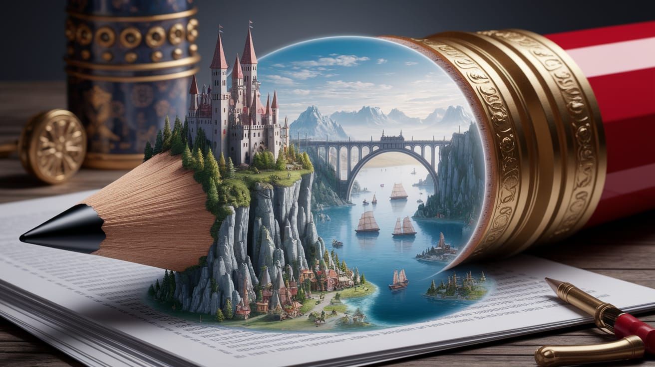 Fantasy Landscape Inside a Pencil, Miniature Castle and Vill...