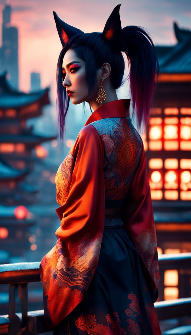 Kitsune Woman on Rooftop at Sunset: Digital Art