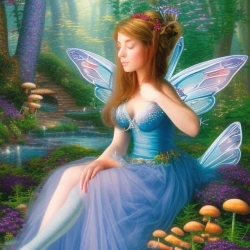 Blue Fairy Sitting on a Mushroom in Ethereal Style
