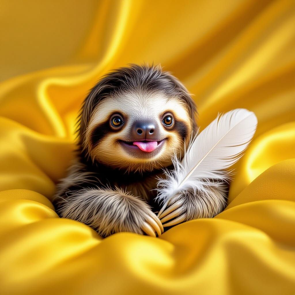 Baby Sloth with Feather on Yellow Satin