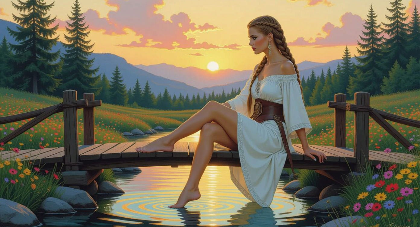 Captivating Viking Woman at Sunset in Lush Valley