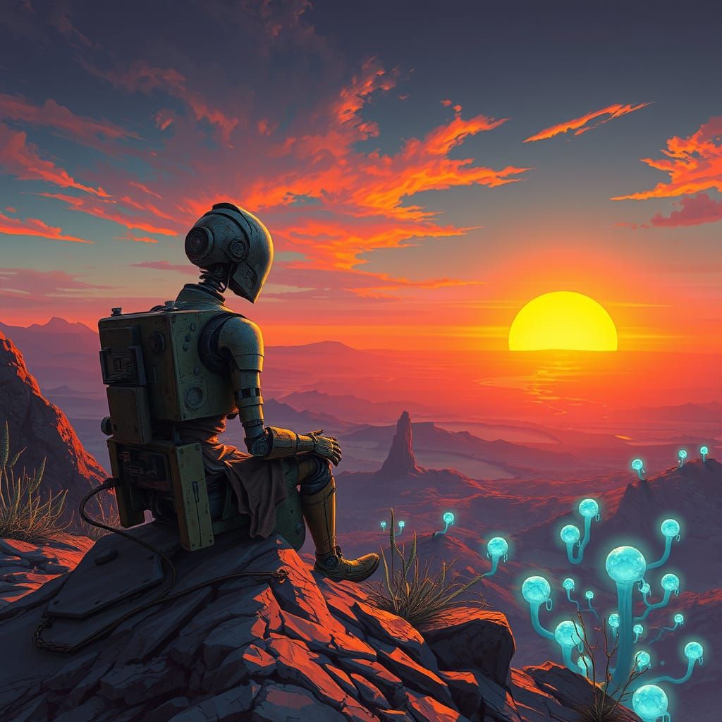 Robot Gazing at Alien Sunset, Digital Painting