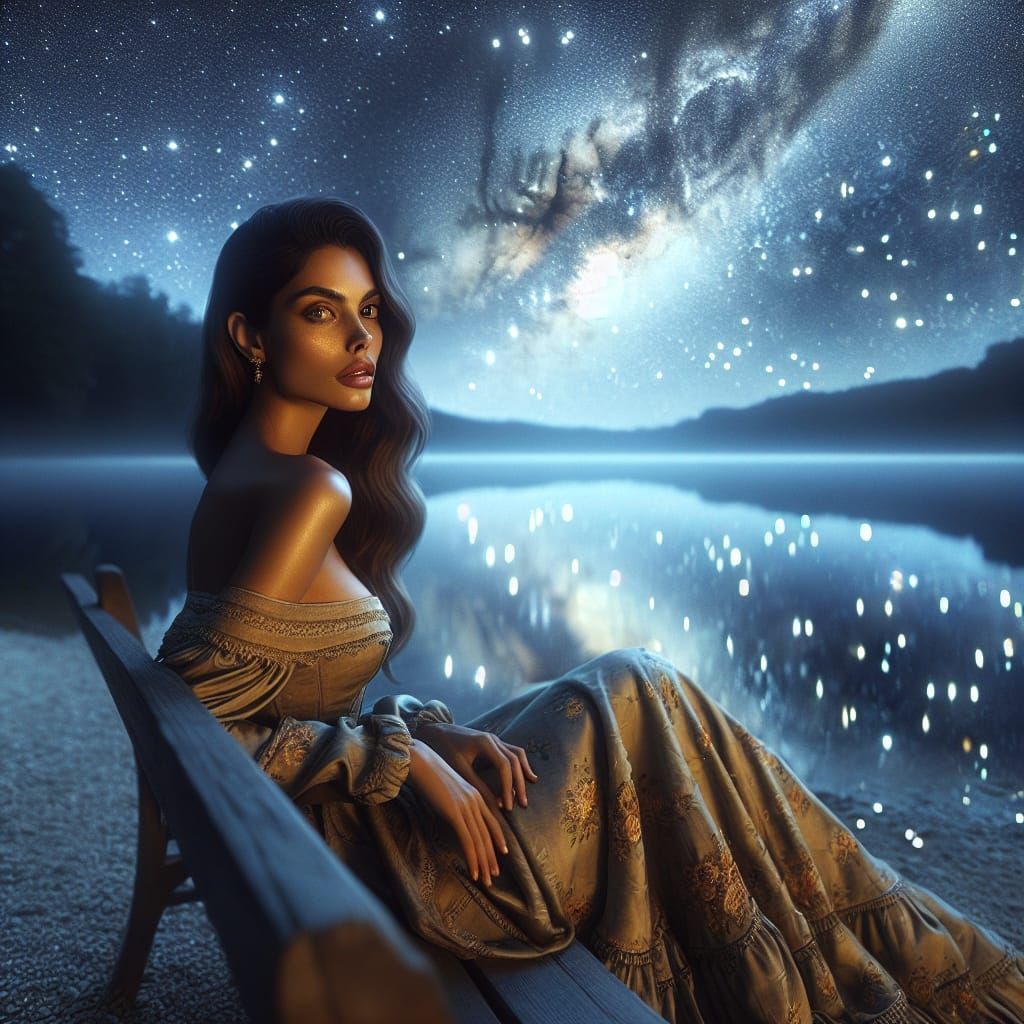 Hispanic Woman Under Stars: Surrealist Lake Reflection