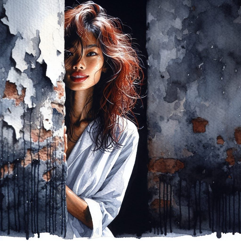 Watercolor Painting of a Woman Peeking in the Dark