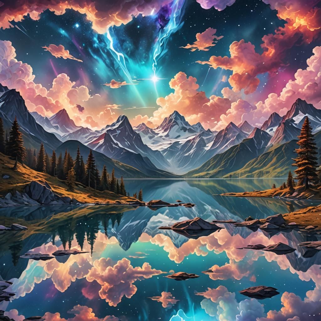 Mountains and Clouds Reflecting: Astral Illustration