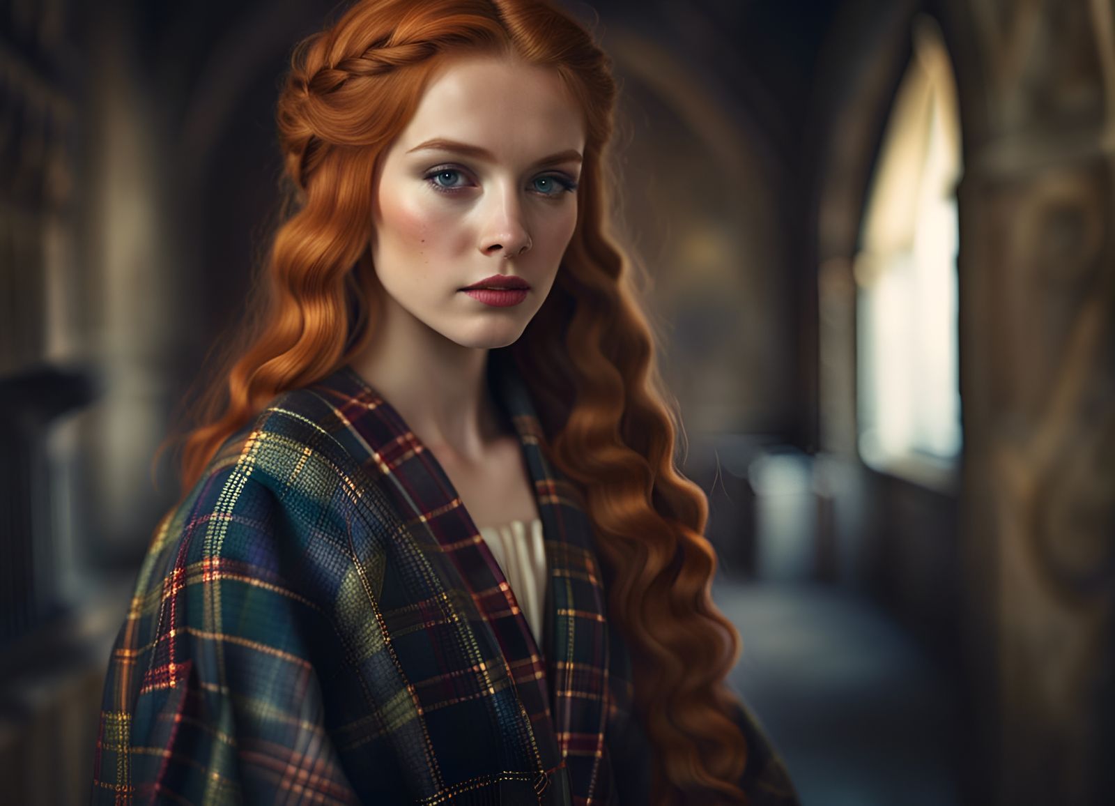 Scottish Princess in Tartan Robe, Golden Hour