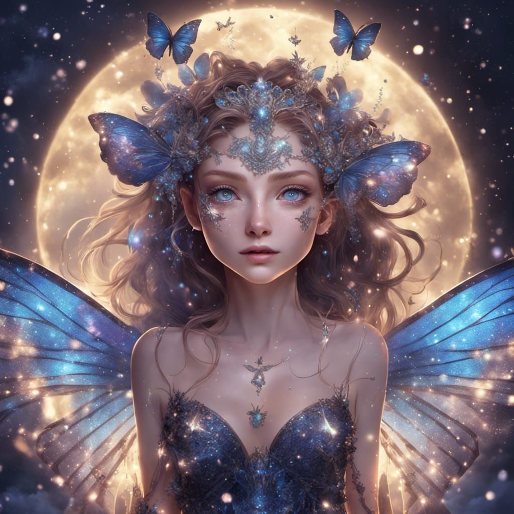 Glittering Fairy with Butterfly Wings in Dark Fantasy Style