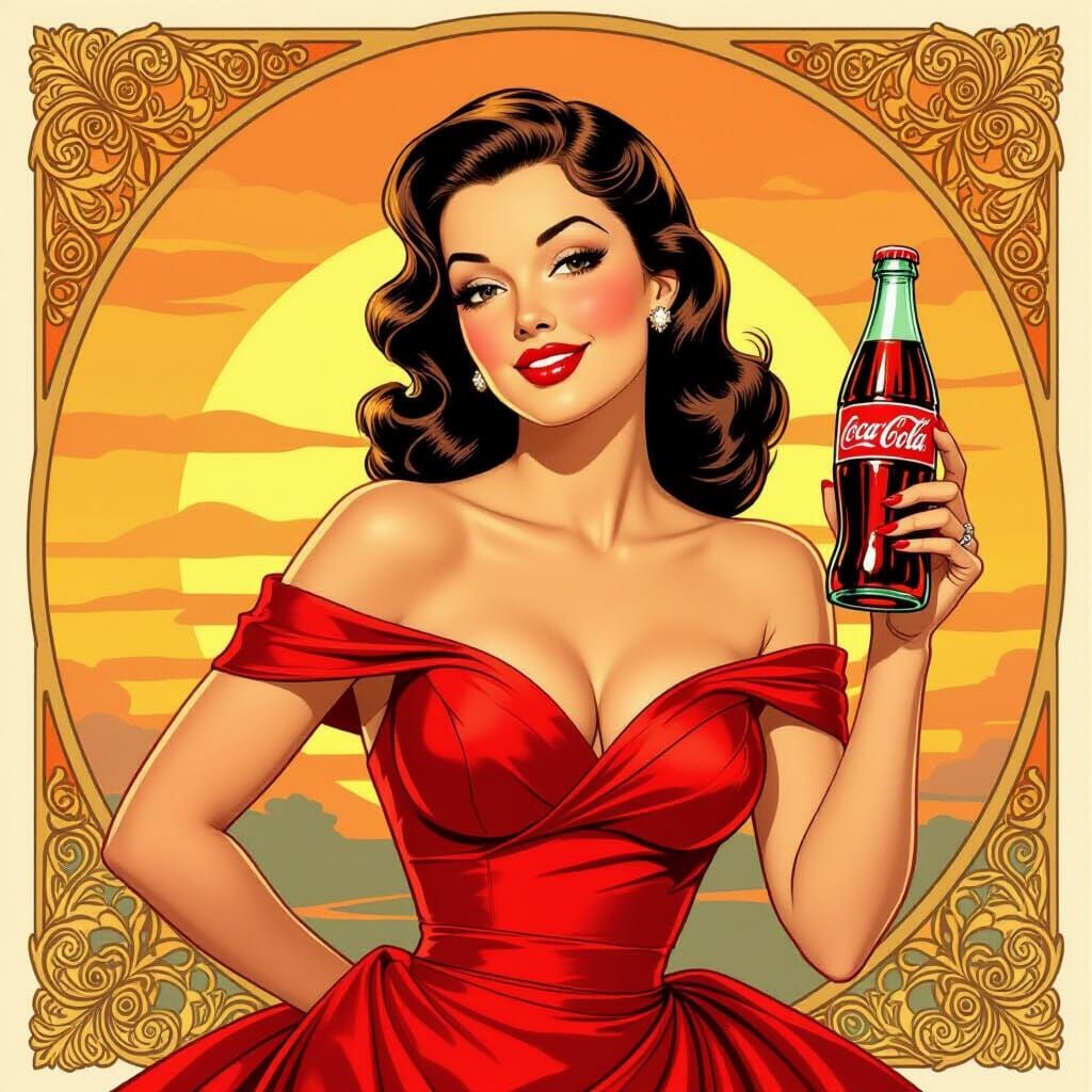 Vintage Pinup Girl with Cola, Illustrative Art Style
