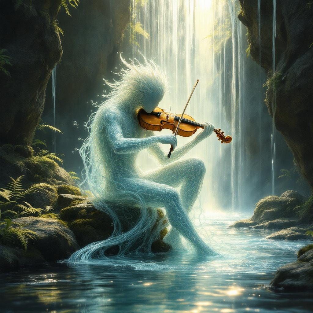 Ethereal Water Nix Playing Fiddle by Waterfall