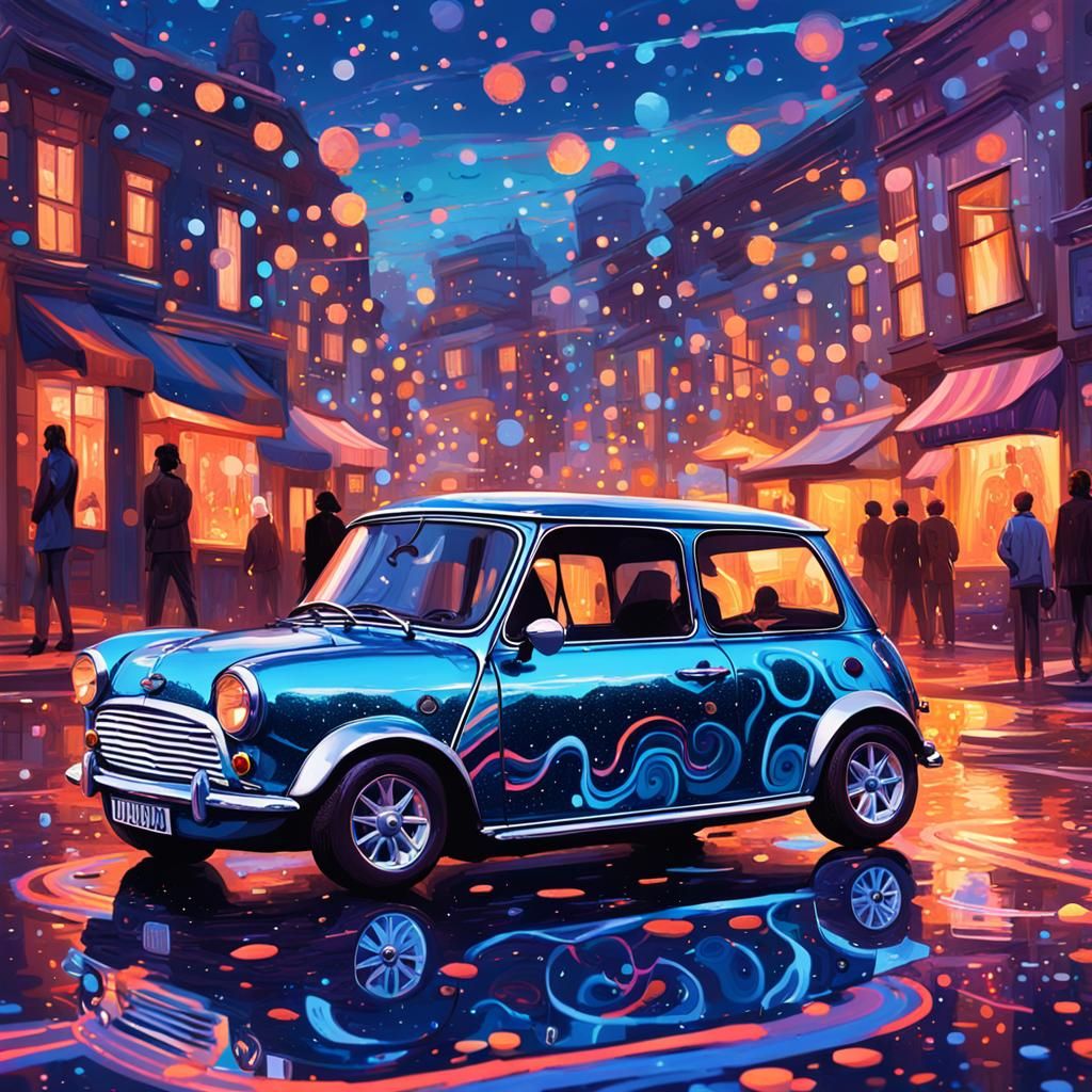 Blue Mini Cooper in Glittering Neon Cityscape