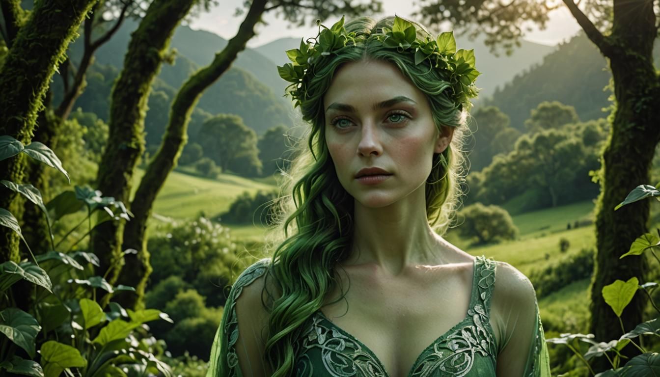 Ethereal Green Grace: Art Nouveau Green Lady Portrait