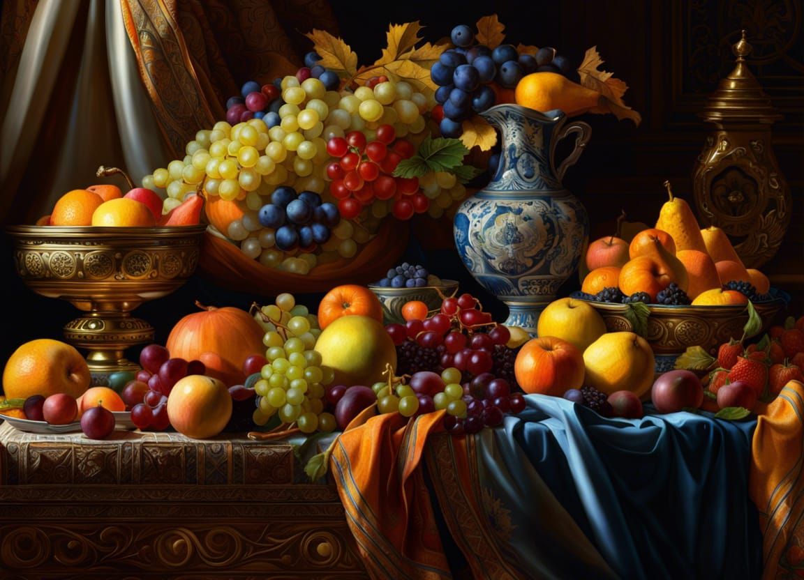 Cornucopia Still Life in Maximalist Fantasy Style