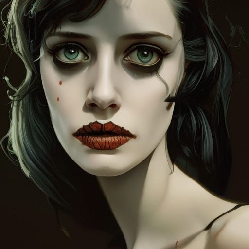 Eva green smoking a cigarette half skeleton face, tim Burton movie,