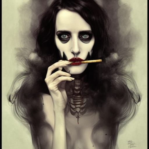 Eva green smoking a cigarette half skeleton face, tim Burton...