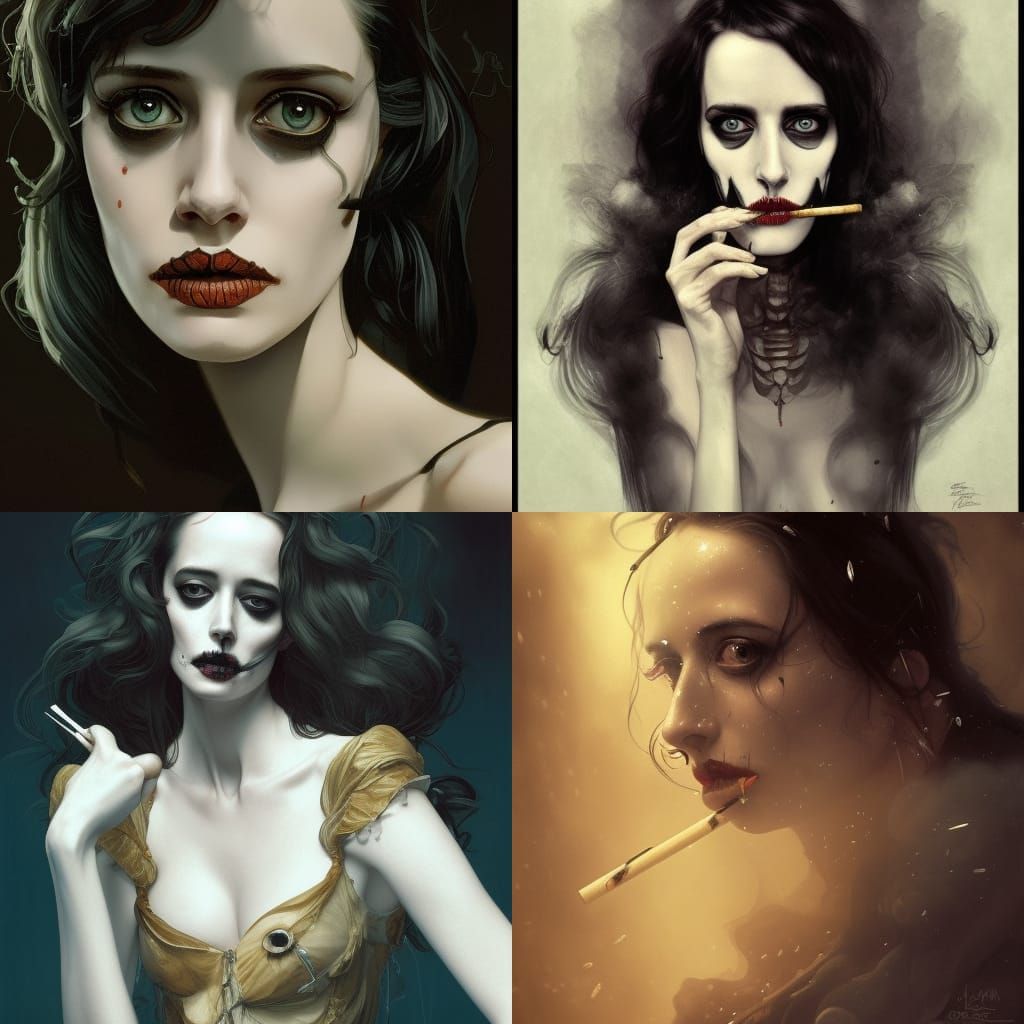 Eva green smoking a cigarette half skeleton face, tim Burton movie,