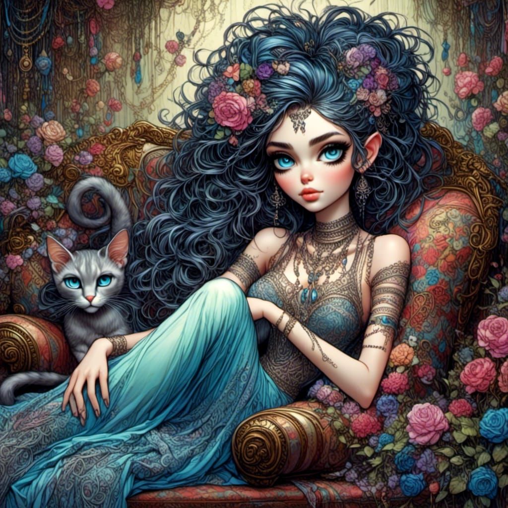 Siamese Feline Goddess with Vibrant Blue Eyes