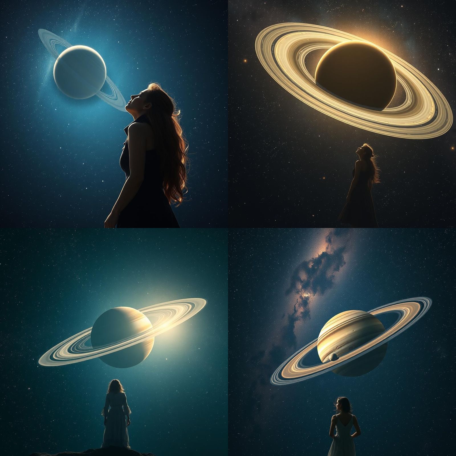 Woman Gazing at Saturn in Starry Sky