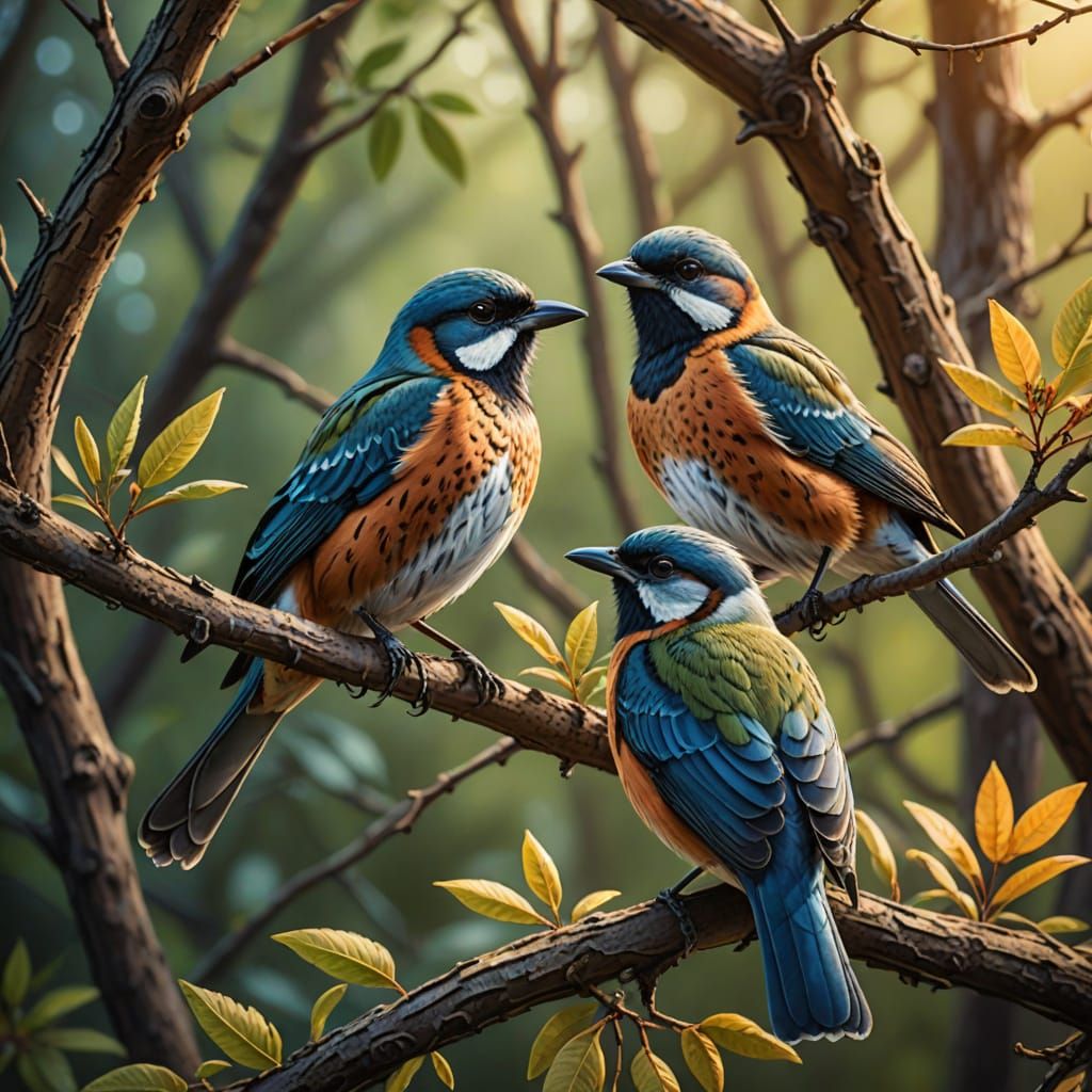 Birds on Branch: Realistic Wildlife Illustration