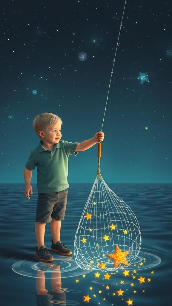 Boy Catches Stars with Fishing Net