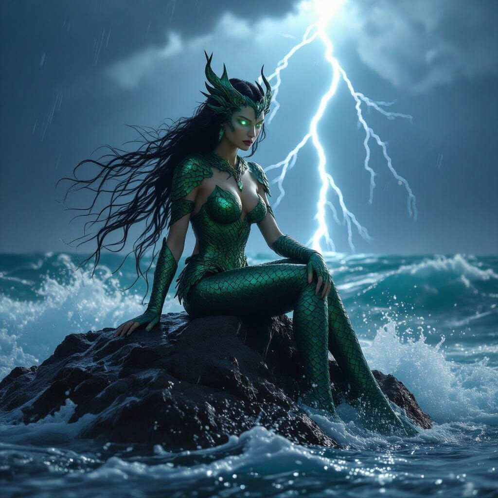 Realistic Siren on Rock in Stormy Sea
