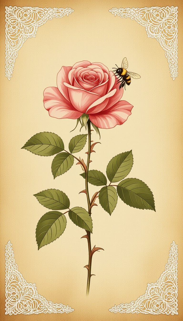 Vintage Rose and Bee Illustration in Sepia Tones