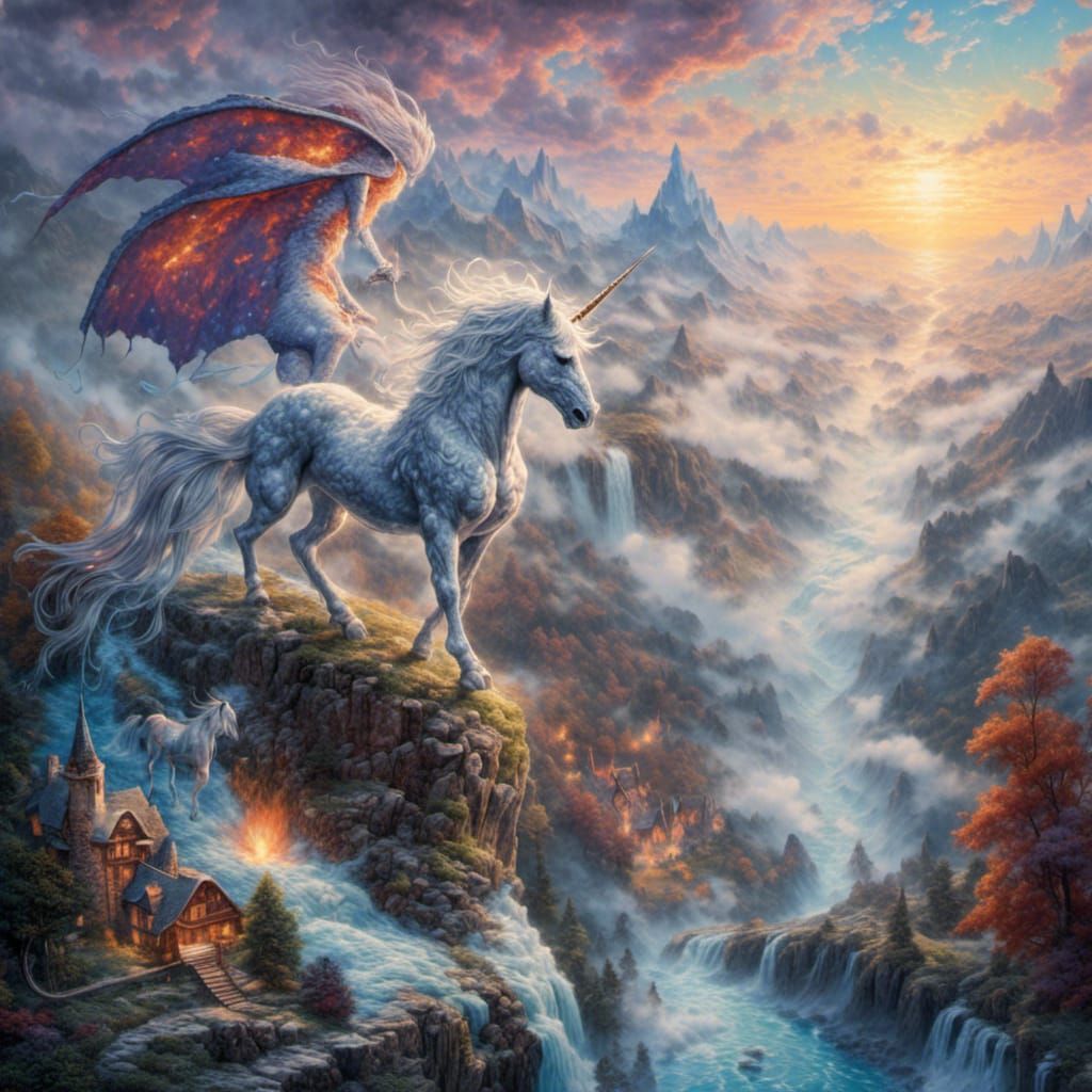 Mythical Creatures in Embroidered Fantasy Landscape